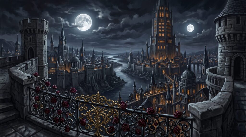 Moonlit gothic kingdom of Drakkaer with two moons, towers, bridges, roses, and golden window light.